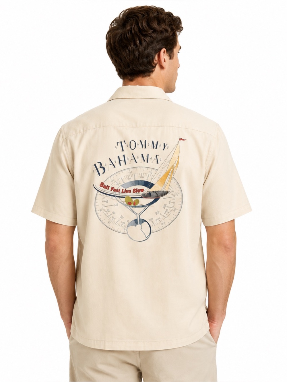 Tommy Bahama 100% Silk Camp Shirt Mens S Beige Sail Fast Live Slow Aloha